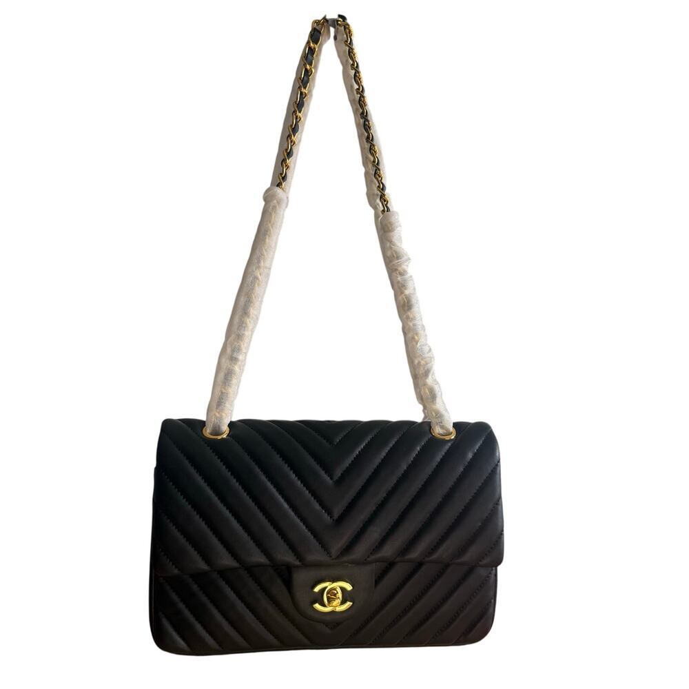 Inspired Vegan Leather Black Chevron Bag With Flap New - Picture 1 of 7